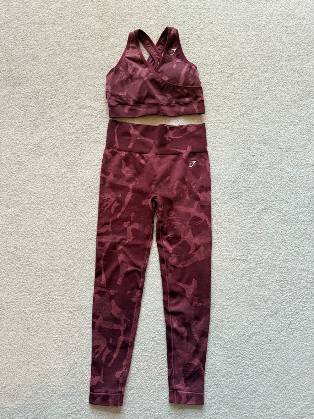 Gymshark Burgundy Camo High-Waist Leggings with Matching Crossback Bra